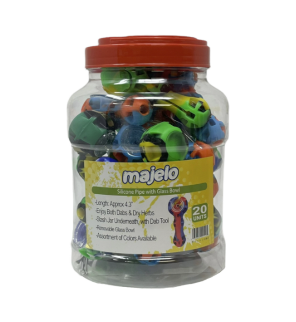 MAJELO SILICONE PIPE WITH GLASS BOWL 4.3" #MJ001495 20CT JAR