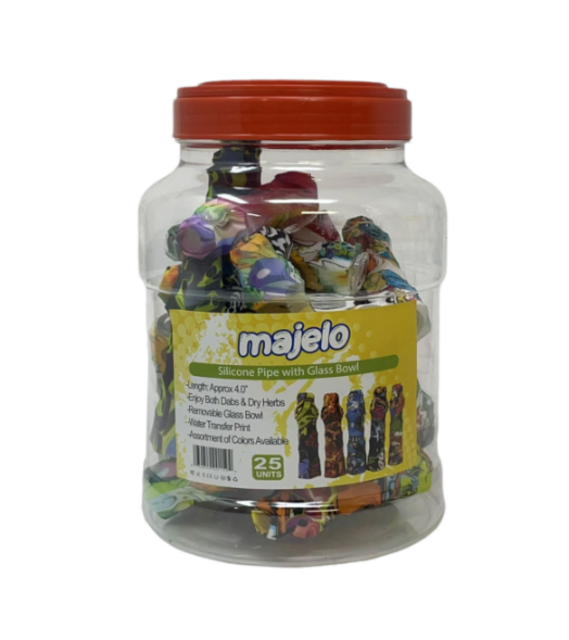 MAJELO SILICONE PIPE WITH GLASS BOWL 4" #MJ001594 25CT JAR