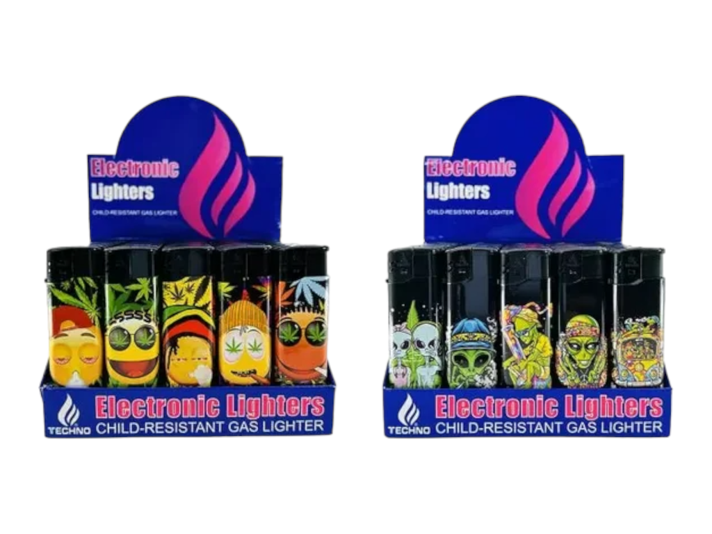 TECHNO TORCH ELECTRONIC LIGHTER ASSORTED DESIGNS BOX OF 50