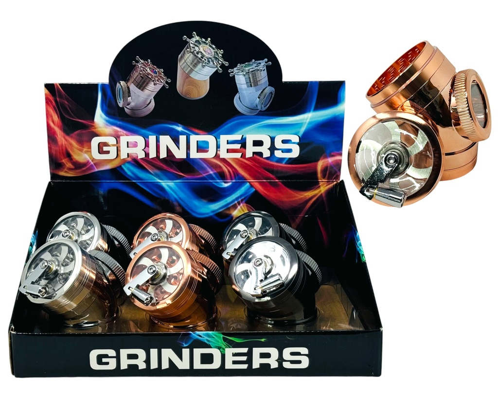 TOBACCO GRINDERS CURVED 4 PARTS WITH SIDE WINDOW AND HANDLE TOP #CF-63387-1 BOX OF 6