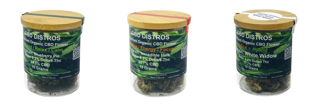 CBD DISTROS ORGANIC FLOWER ASSORTED STRAINS 10GM 2CT JAR