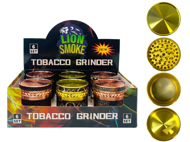 LION SMOKE 4 PARTS TOBACCO GRINDER ENGRAVED DESINGS #LS44194 BOX OF 6