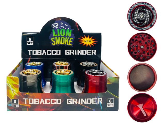 LION SMOKE 4 PARTS TOBACCO GRINDER EMBLEM ON TOP #LS44217 BOX OF 6