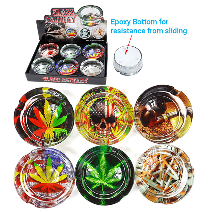 ROUND METALLIC GLASS ASHTRAY WEED FLOWER DESIGN BOX OF 6