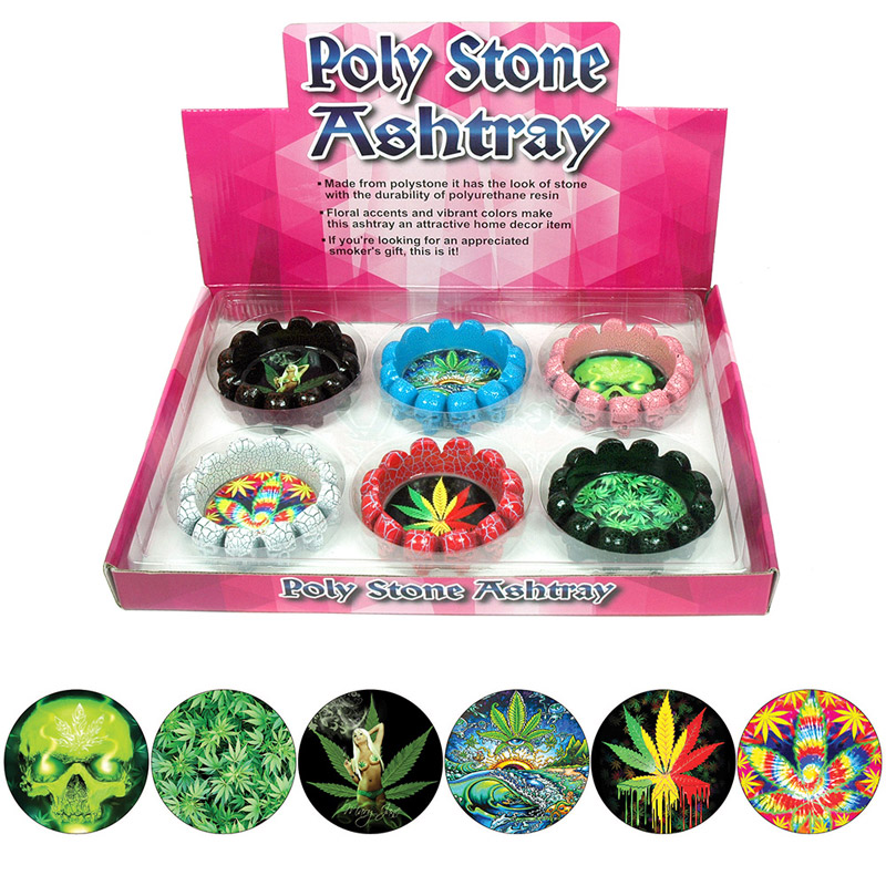 POLY STONE ROUND ASHTRAY #PO3-B WEED DESIGN BOX OF 6