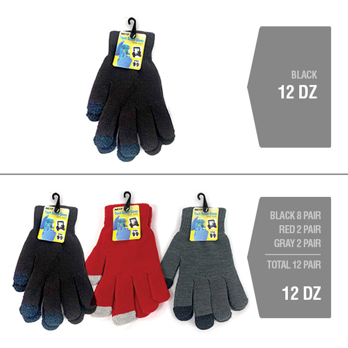 TOUCH SCREEN GLOVE ASSORTED COLORS 12CT BAG