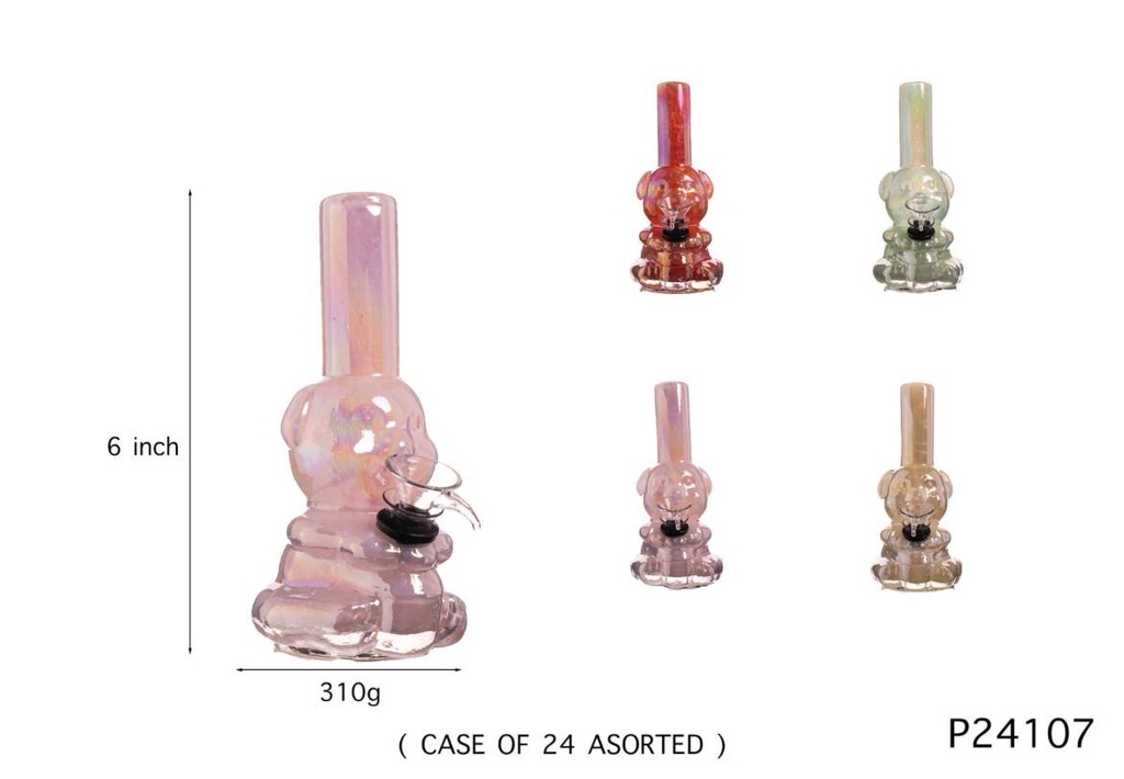 TEDDY BEAR SOFT GLASS WATER PIPE 6" #GP24107 ASSORTED COLORS