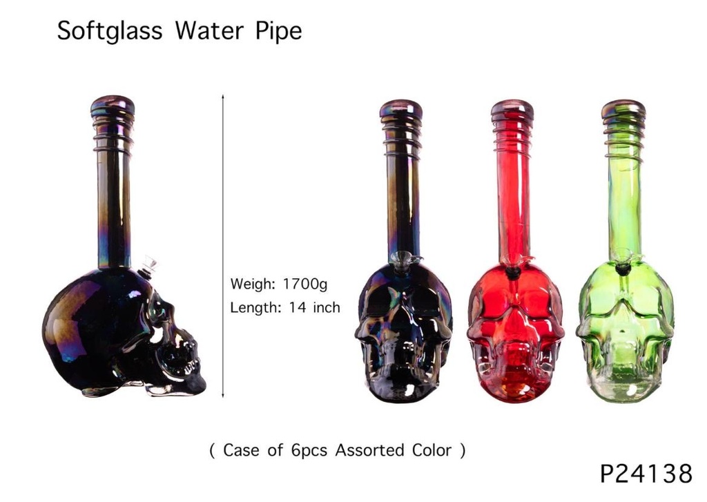 SKULL STORM SOFT GLASS 14" WATER PIPE #GP24138 ASSORTED COLORS
