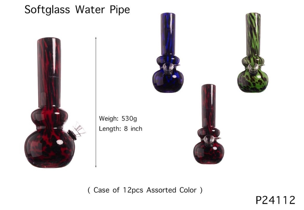 SOFT GLASS 8" WATER PIPE #GP24112 ASSORTED COLORS