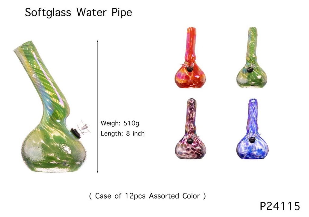 LUSH WHIRL SOFT GLASS 8" WATER PIPE #GP24115 ASSORTED COLORS
