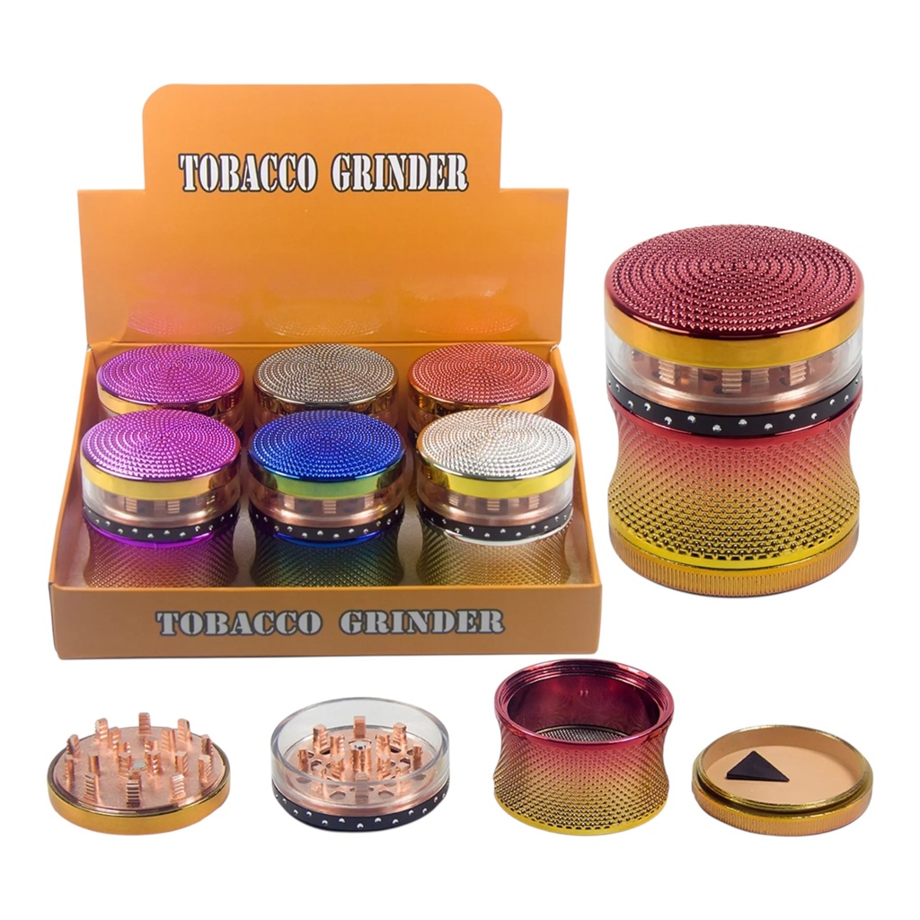 TOBACCO GRINDER COLORFUL DESIGN WITH WINDOW 4 PARTS #GR318 BOX OF 6