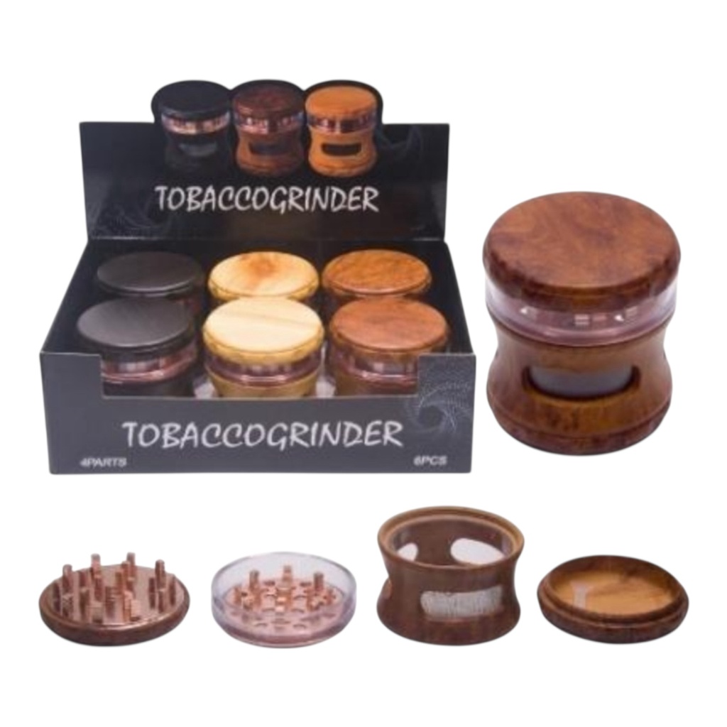 TOBACCO GRINDER WOODEN DESIGN WITH WINDOW 4 PARTS #GR216-63W BOX OF 6