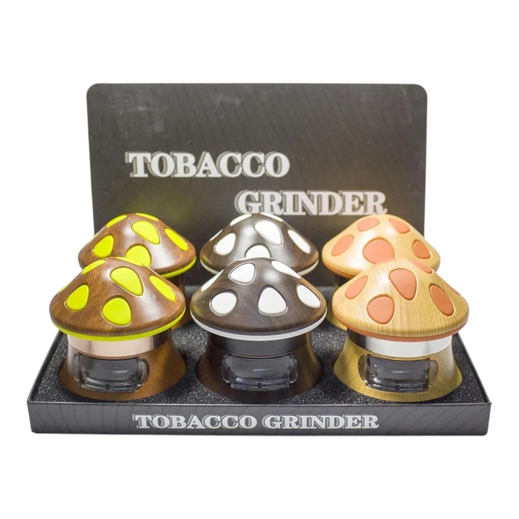 TOBACCO GRINDER MUSHROOM DESING WITH SIDE DOOR 4 PARTS #GR362 BOX OF 6
