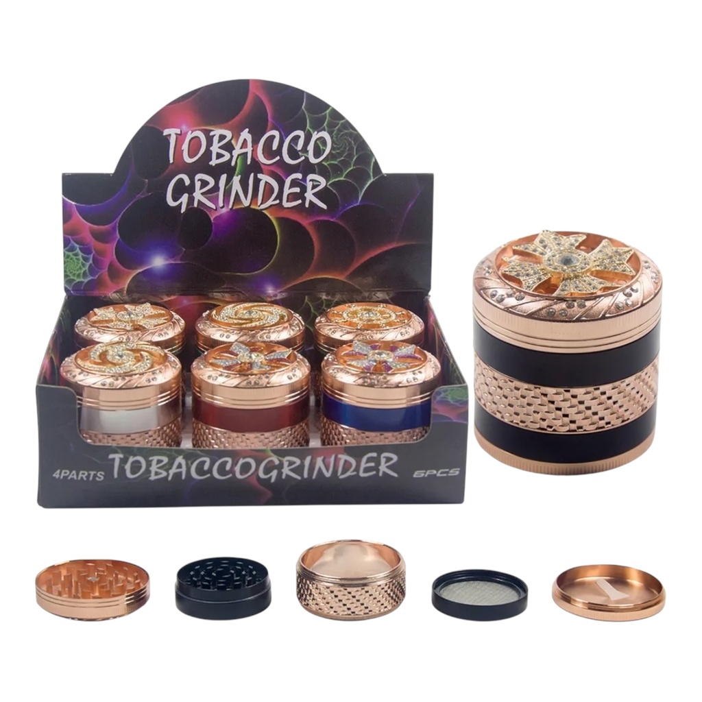 TOBACCO GRINDER SPINNING TOP DESIGN WITH STONES 4 PARTS #GR305 BOX OF 6