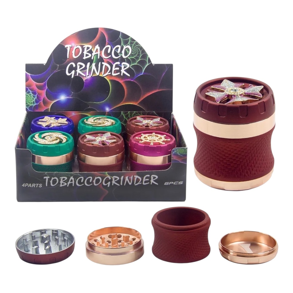TOBACCO GRINDER SPINNING TOP WITH STONES DESIGN DESIGN 4 PARTS #GR306 BOX OF 6