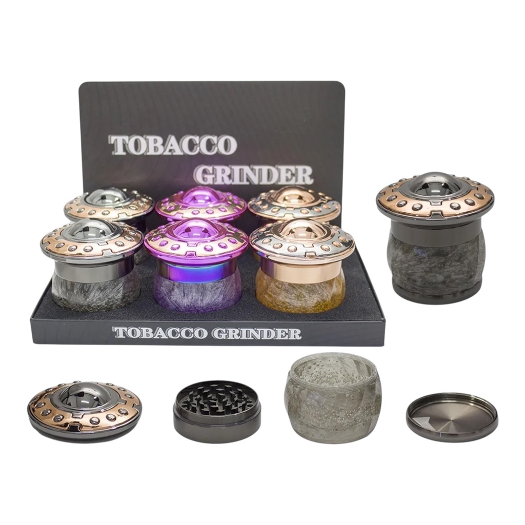 TOBACCO GRINDER ZIN ALLOY FINISH WITH SPACESHIP DESIGN 4 PARTS #GR363 BOX OF 6