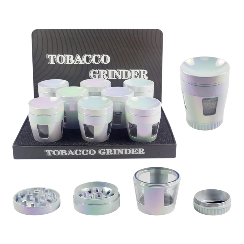 TOBACCO GRINDER TALL IRIDESCENT SHINY DESIGN WITH SIDE WINDOW 4 PARTS #GR331 BOX OF 8