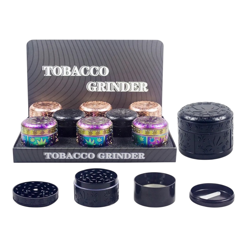 TOBACCO GRINDER EMBOSSED LEAF DESING 4 PARTS #GR333-S BOX OF 8