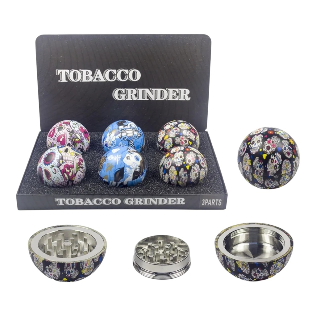 TOBACCO GRINDER SUGAR SKULL BALL DESING 3 PARTS #GR343 BOX OF 6