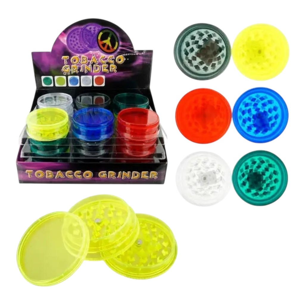 TOBACCO GRINDER CLEAR PLASTIC GRINDER 3 PARTS #GR044 BOX OF 24