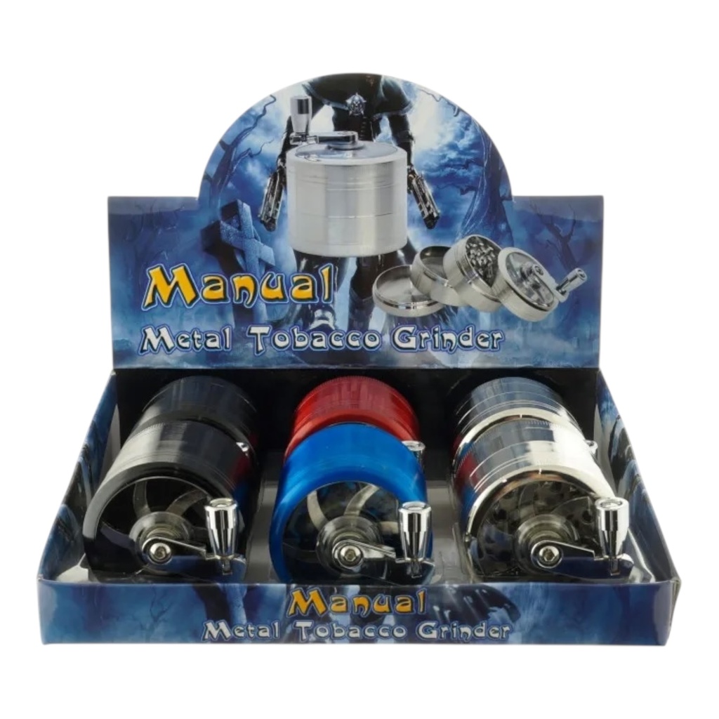 TOBACCO GRINDER 55MM ZINC ALLOY WITH HANDLE ON TOP 4 PARTS #GR090-55 BOX OF 6