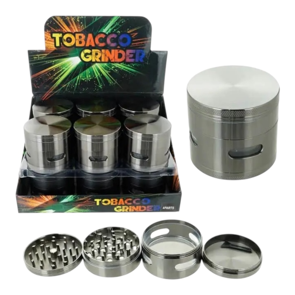 TOBACCO GRINDER 63MM ALLOY WITH SIDE WINDOWS 4 PARTS #GR141-63GM BOX OF 12