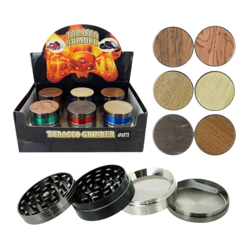TOBACCO GRINDER WOOD DESIGN ON TOP 4 PARTS #GR139 BOX OF 12