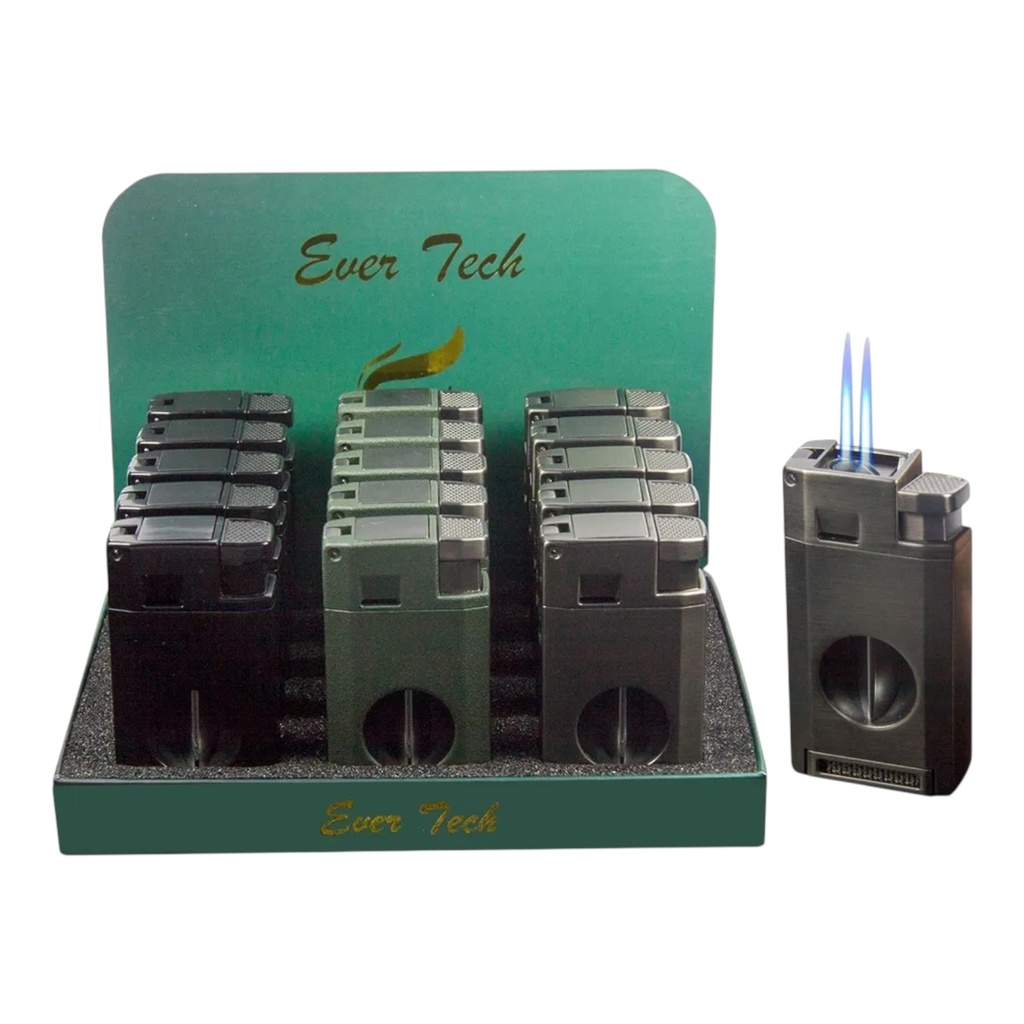 EVER TECH DOUBLE FLAME TORCH LIGHTER WITH CIGAR CUTTER AND PUNCHER #M0422 BOX OF 15