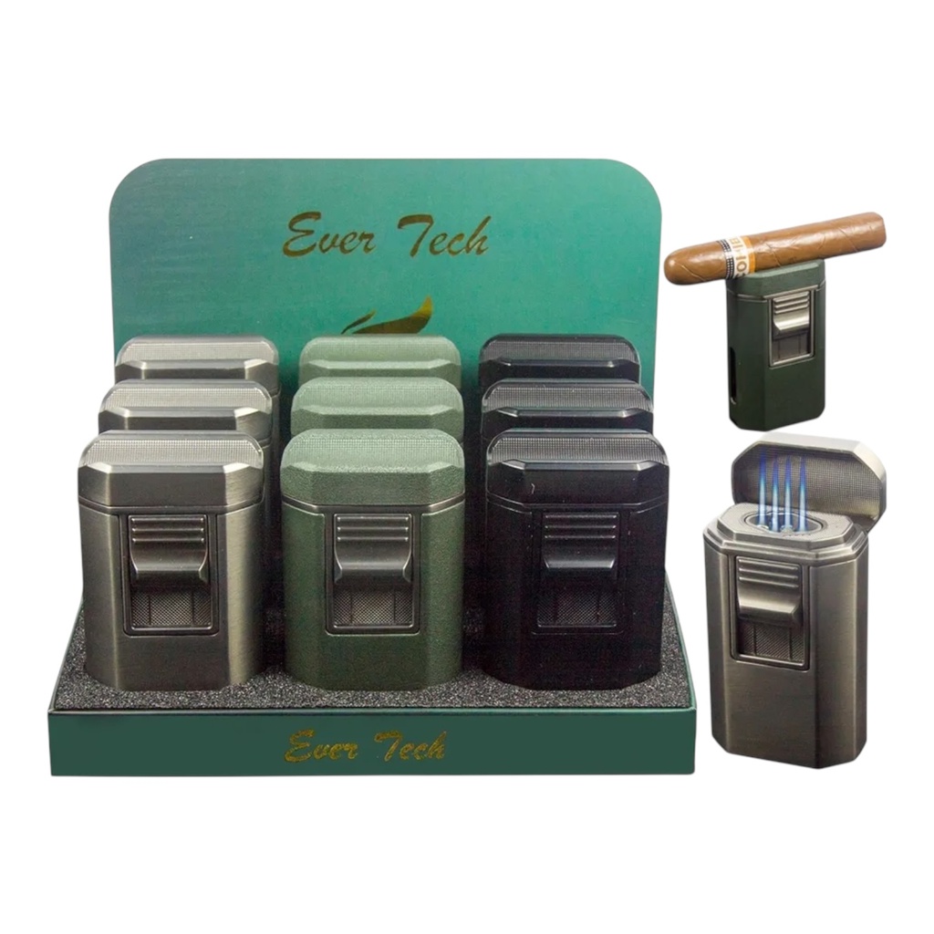 EVER TECH QUAD FLAME TORCH LIGHTER WITH CIGAR HOLDER, CUTTER AND PUNCHER #M0423 BOX OF 9