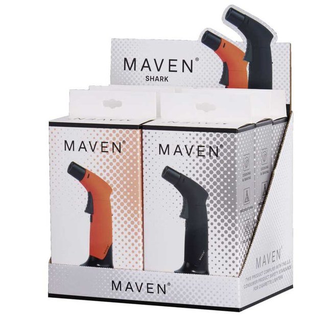 MAVEN SHARK TORCH LIGHTER BLACK & ORANGE BOX OF 6