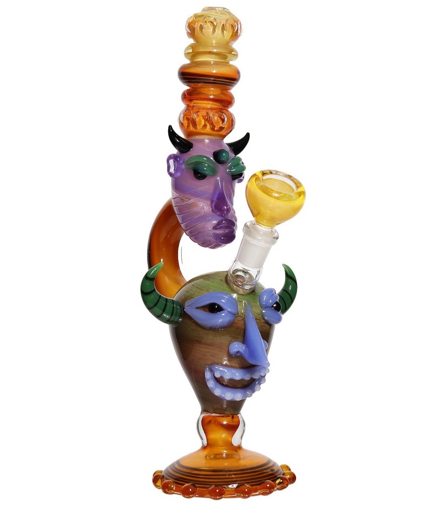 13" GLASS BUBBLER FANCY DEVIL SMILE ASSORTED COLORS