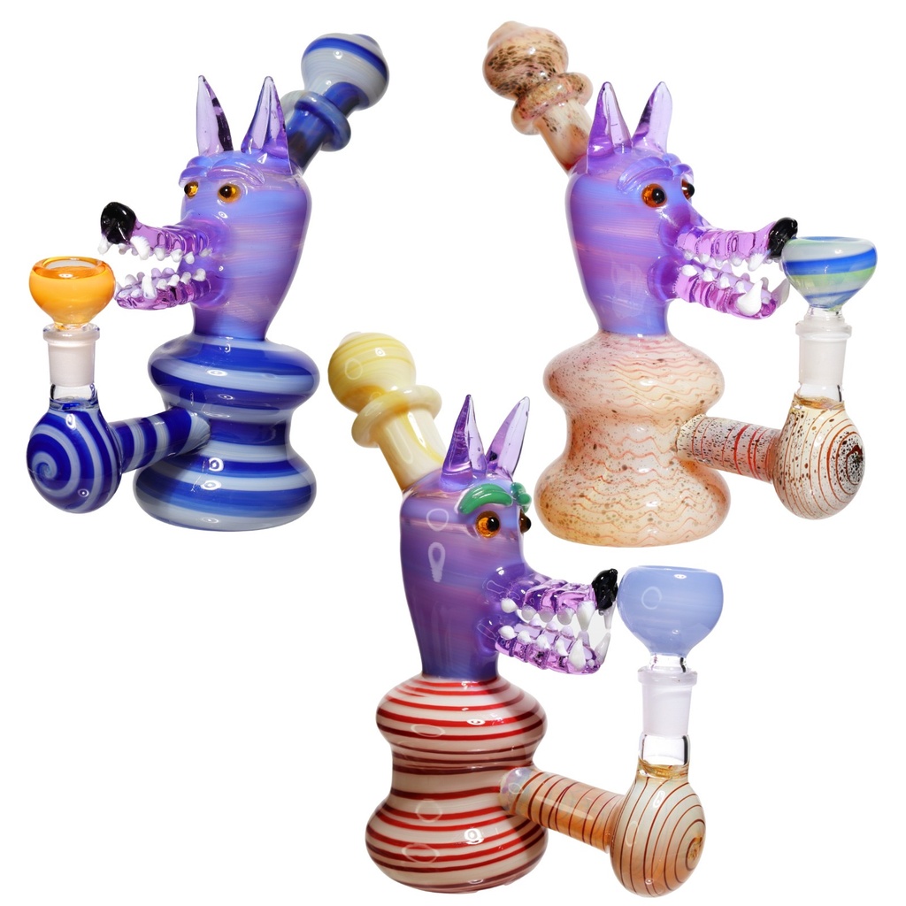 9" FANCY WOLF BUBBLER GLASS PIPE ASSORTED COLORS