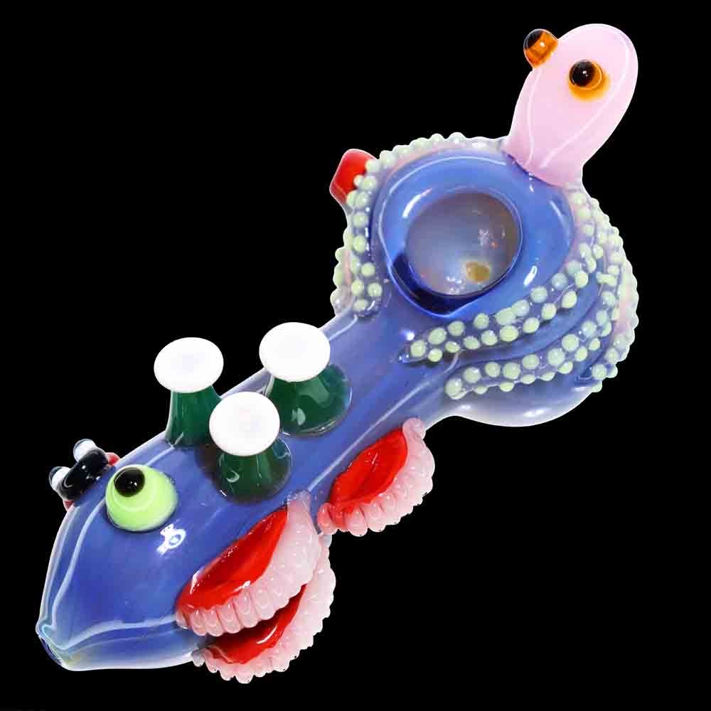 6" OCTUPUS HEAD OCEAN GLASS HAND PIPE SPOON ASSORTED COLORS