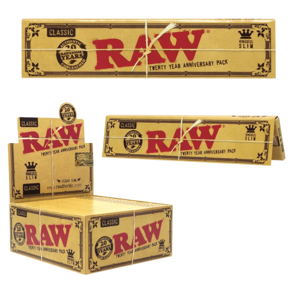 RAW CLASSIC KING SIZE SLIM 20TH YEAR ANNIVERSARY ROLLING PAPER BOX OF 50