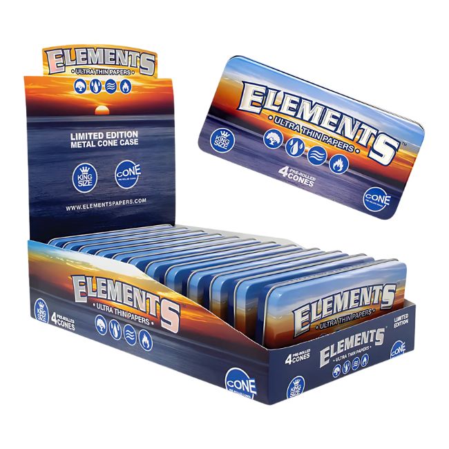 ELEMENTS KING SIZE PRE-ROLLED CONES METAL CASE 4CT BOX OF 12