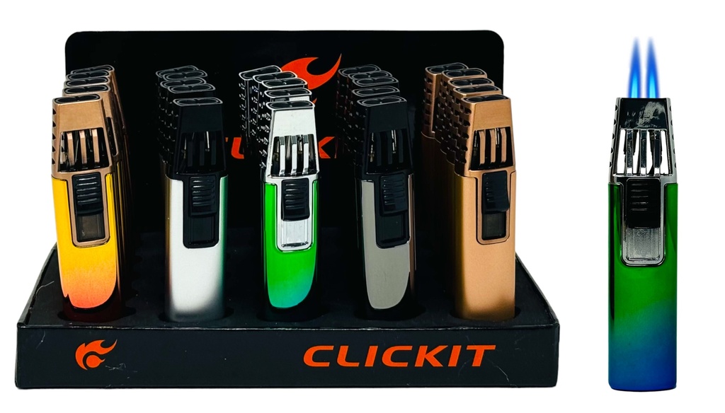 CLICKIT DOUBLE TORCH LIGHTER ASSORTED COLORS #GH-0260 BOX OF 25