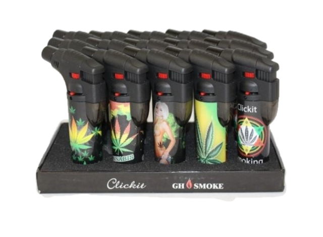CLICKIT SINGLE TORCH LIGHTERS ASSORTED DESIGNS GH-10877 BOX OF 15