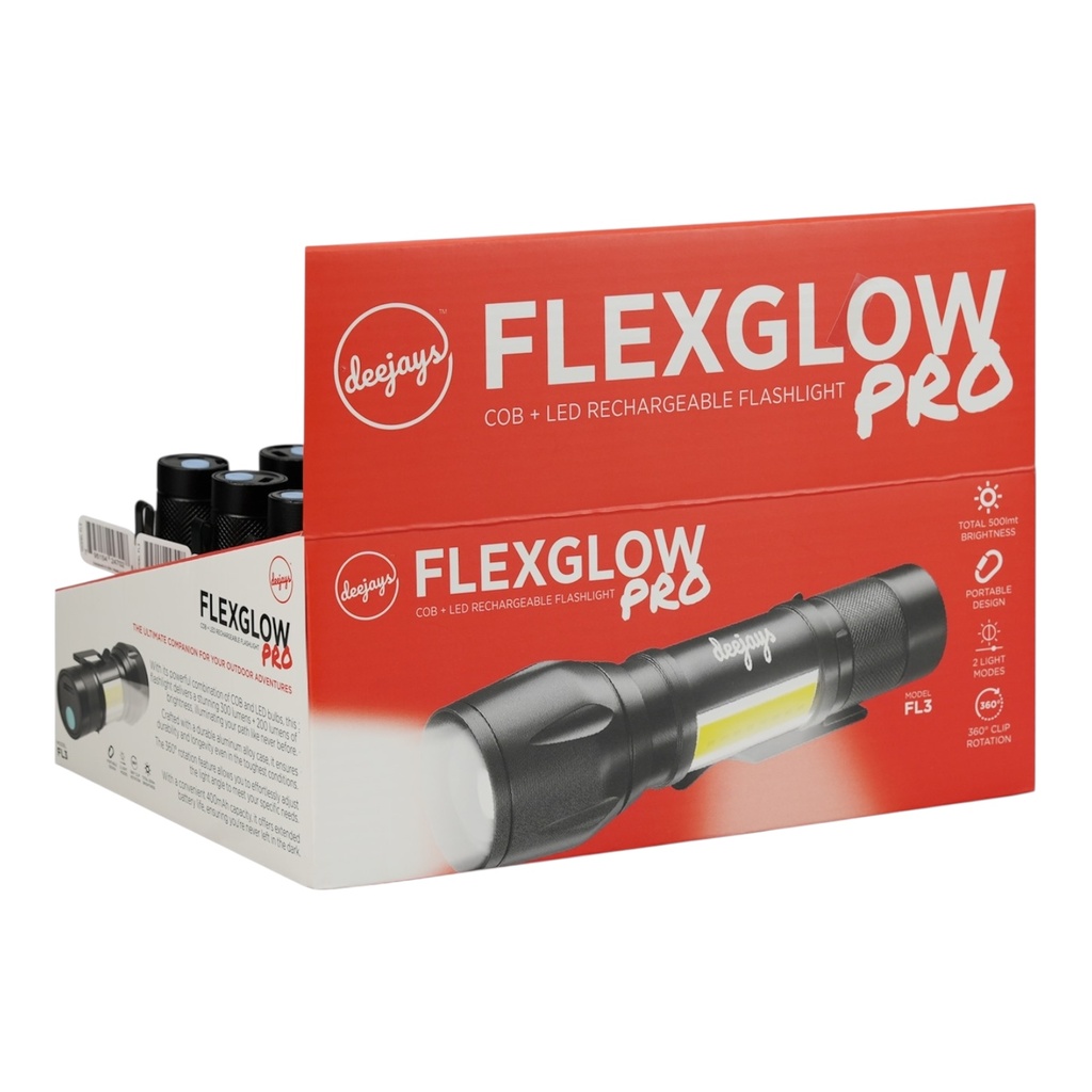 DEEJAYS FLEX GLOW PRO COB + LED RECHARGEABLE FLASHLIGHT BOX OF 24