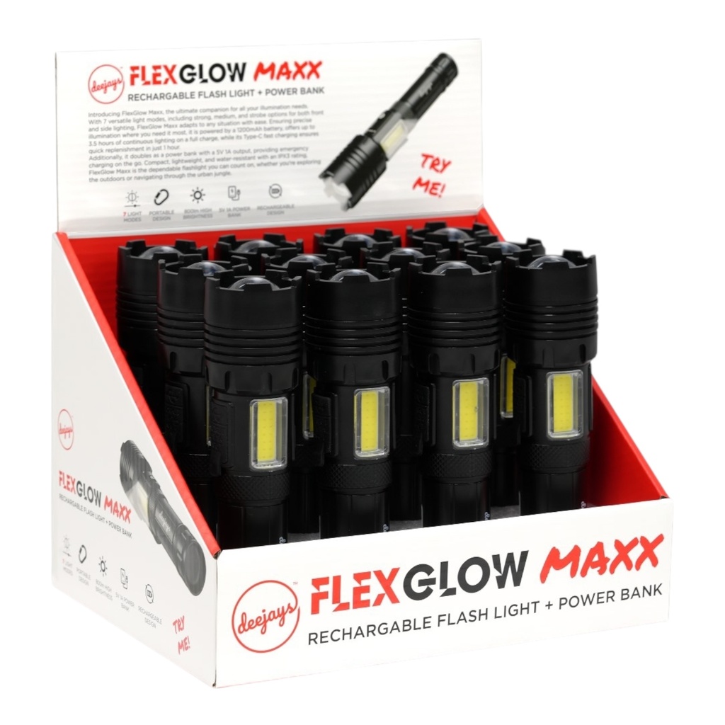 DEEJAYS FLEX GLOW MAXX POWER BANK LED RECHARGEABLE FLASHLIGHT BOX OF 12