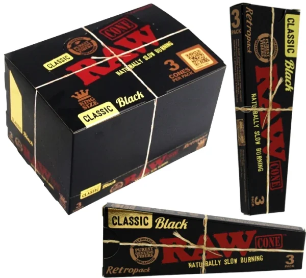 Raw Classic Black Cone 32 Packs, 3 Cones Per Pack