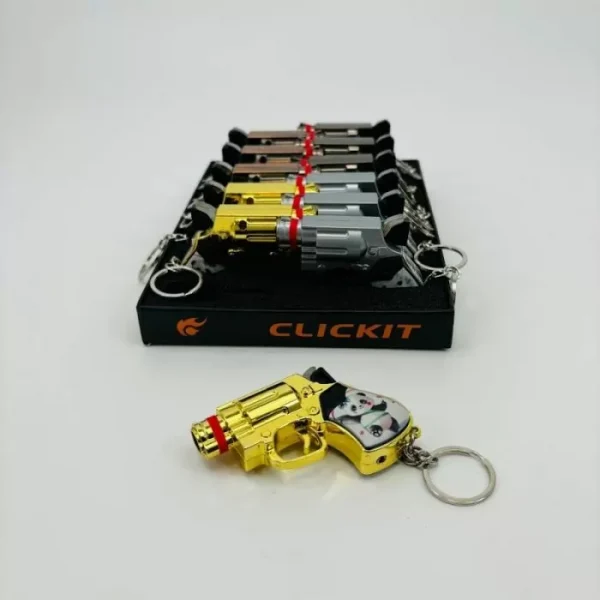 Mini Revolver Gun-Lighter With Keychain - Assorted Designs - 12 Counts